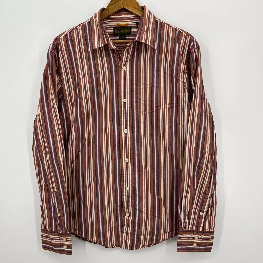 Timberland Mens Large Long Sleeve Striped Button Down Cotton Shirt Brown Orange